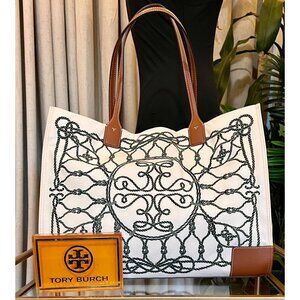 Tory Burch Large Ella Tote With Rope Embroidery White & Brown Leather Handles